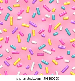 Seamless pattern pink donut glaze and many decorative sprinkles  Vector background made and gradient meshes  Background design for banner  poster  flyer  card  postcard  cover  brochure 
