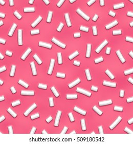 Seamless pattern of pink donut glaze with many decorative sprinkles. Vector background made with gradient meshes. Background design for banner, poster, flyer, card, postcard, cover, brochure.