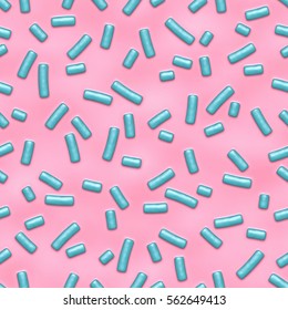 Seamless pattern of pink donut glaze with many decorative sprinkles.