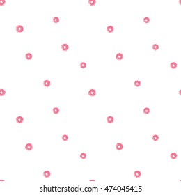 Seamless pattern with pink donut or polka dot. Hand drawn sketch elements in decorative fashion style. Bakery, ice-cream dessert inspired illustration.