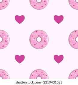 Seamless pattern with pink donut with sprinkles in the shape of a heart. Pink background with sweet donut.