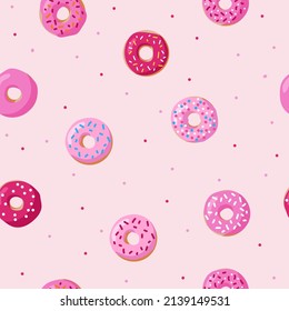 Patrón sin foco con donuts rosados. Ilustración vectorial dibujada a mano. Textura de moda para impresión, textil, envasado.