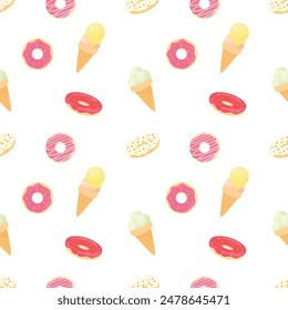 Seamless pattern with pink donuts and ice cream. Colorful pattern. Vector illustration with confectionery sweets. 