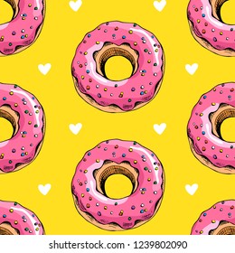 Seamless pattern. Pink donuts on a yellow background. Textile composition, hand drawn style print. Vector illustration.