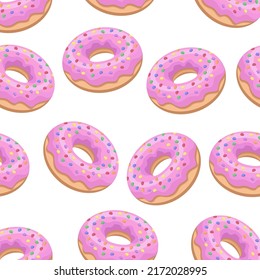 Seamless pattern of pink donuts on a white background.Vector confectionery pattern can be used in the menu of bakeries, cafes,textiles.