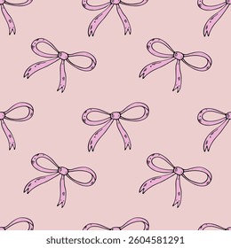 Seamless pattern with pink doodle bow. Vector.