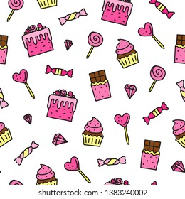 Seamless pattern with pink doodle desserts and sweets.