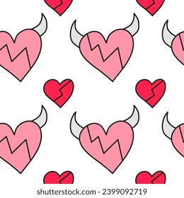 Seamless pattern with pink doodle devil hearts and horns.