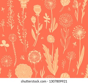 seamless pattern with pink doodle flowers on a red background. Hygge, boho style. Vector illustration. design element for fabric, wrapping paper, congratulation cards, print, banners