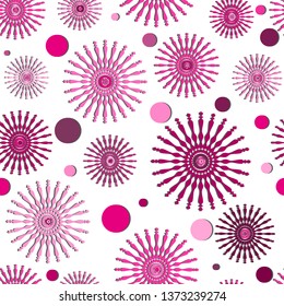 Seamless pattern with pink doodle flowers and polka dots on  transparent background.  Vector image. Eps 8