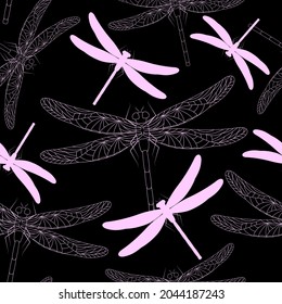 Patrón sin foco con libélulas rosas. Elegante fondo vectorial.