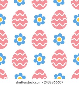 Seamless pattern with pink Easter eggs and blue flowers on white background. Cute hand drawn minimalist background for Easter cards, textiles, wallpapers