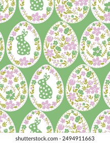 Seamless pattern with pink Easter eggs.Easter seamless pattern with rabbit, chamomile, eggs, leaves on bright green background.