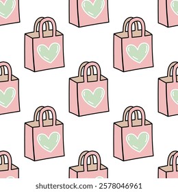 Seamless pattern with pink eco shopping bags and heart design