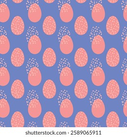 Seamless Pattern of Pink Eggs on Blue Background with Abstract Sprinkles. A seamless pattern showcasing pink eggs adorned with sprinkles on a blue background. Features a playful and artistic design 