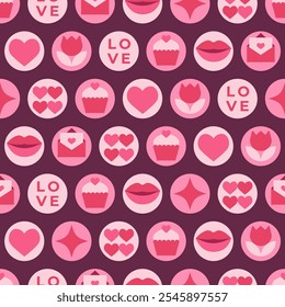 Seamless pattern with pink elements in circles. Template for Valentine holiday design. Vector illustration