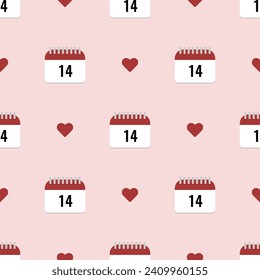 Seamless pattern with pink elements for valentines day. Calendar and hearts. Flat vector style illustration