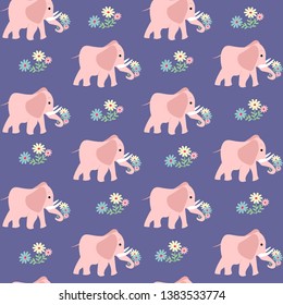 Seamless pattern of pink elephants with flowers, print background, baby fabrics