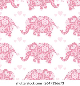 Seamless pattern with pink elephants and hearts. Vector illustration.