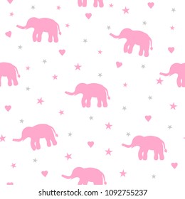 Seamless pattern with pink elephants, stars and hearts on the white background. Vector illustration