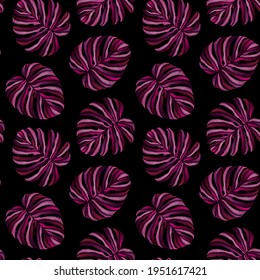 Seamless  pattern of pink embroidered tropical monstera palm leaves on black background. Embroidery stitches imitation