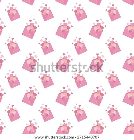 Seamless pattern of pink envelopes filled with colorful hearts on a clean white background. Cute romantic design for wrapping paper, textiles, stationery, party decor and Valentine themes