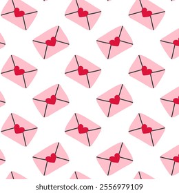 Seamless pattern with pink envelopes and red hearts. Charming hand-drawn design ideal for Valentine's Day, scrapbooking, greeting cards, party invitations, posters, stickers, and gift wrapping