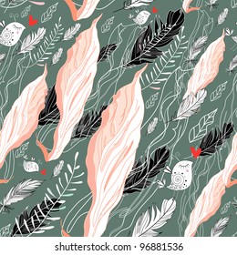 seamless pattern of pink fabric and feathers