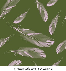 seamless pattern of pink feathers of birds, sketch on a green background, vector illustration
