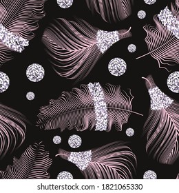 Seamless pattern with  pink  feathers  and glitter of bird. Repeating texture. Boho style.
