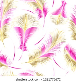 Seamless pattern with  pink  feathers  and glitter of bird. Repeating texture. Boho style.
