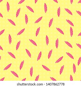Seamless pattern with pink feathers on a yellow background