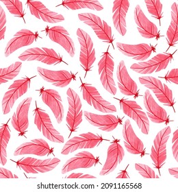 Seamless pattern with pink feathers. Valentines day texture