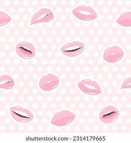 Seamless pattern with pink female lips on a pink and white polka dot background. Pattern of female mouth gestures. Vector illustration in flat style