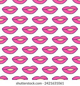 Seamless pattern with pink female lips. Valentines Day. Confession of feelings. Colorful vector illustration doodle hand drawn. Holiday 14th of February. Print for paper, fabric or wrapping