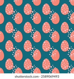 Seamless Pattern with Pink Festive Eggs on Teal Background. Pattern of pink Easter eggs adorned with stars on a vivid teal background, perfect for festive designs, celebratory decor, and seasonal 