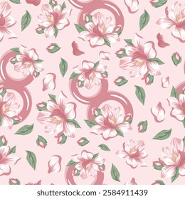 patrón sin fisuras con figuras rosas de ocho con diseño de magnolia y brotes de magnolia rosa dispuestos al azar sobre un fondo rosa para el día festivo del 8 de marzo