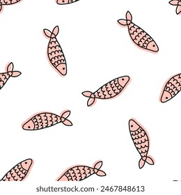 Seamless pattern with pink fish with black outline