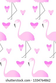 Seamless pattern with pink flamihgo and hearts