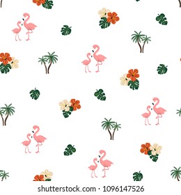 Seamless pattern with pink flamingo birds,. palm tree, tropical flowers and leaves. Repeating summer background. Trendy exotic print. Vector hand drawn animal and floral design
