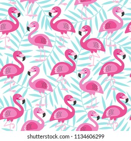 
seamless pattern with pink flamingo and blue tropical leaf -  vector illustration, e