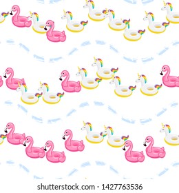 Seamless pattern pink flamingo and colored unicorn inflatable. Pool float. Inflatable colorful unicorn. Swimming circle. Realistic summertime illustration. Vector template for your summertime design