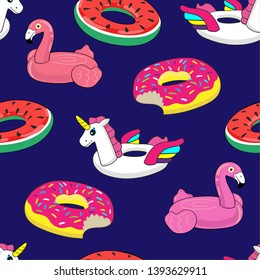 Seamless pattern with pink flamingo, 
donut, watermelon and colored unicorn inflatable.Pool float.  Swimming circle. pattern for girls. for textile, prints, paper products, the Web. 