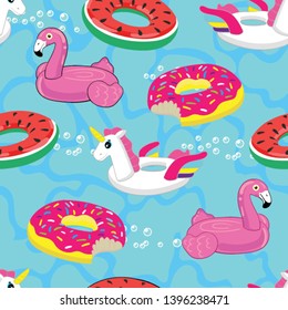 Seamless pattern with pink flamingo, donut, watermelon and colored unicorn inflatable. Pool float. Swimming circle. pattern for girls. for textile, prints, paper products, the Web. 