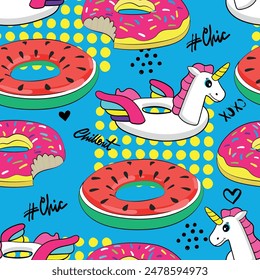 Seamless pattern with pink flamingo, donut, watermelon and colored unicorn inflatable.Pool float. Swimming circle. pattern for girls. for textile, prints, paper products, the Web.