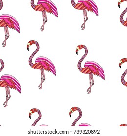 Seamless pattern with pink flamingo in doodle style. Design for decor, texture, fabric. Vector illustration.