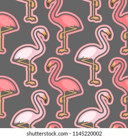 Seamless pattern with pink flamingo, flamingo figure with outline, trend background, vector wallpaper