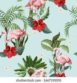 Seamless pattern with pink flamingo, flowers and jungle. Vector.