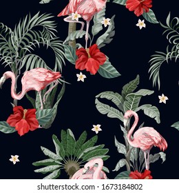 Seamless pattern with pink flamingo, flowers and jungle. Vector.