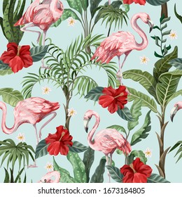 Patrón sin inconvenientes con flamencos rosas, flores y selva. Vector.